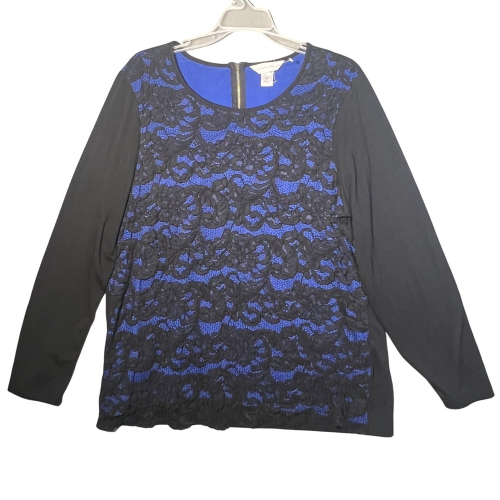 Christopher & Banks Women's XL Black Blue Lace Overlay Long Sleeve Top Blouse